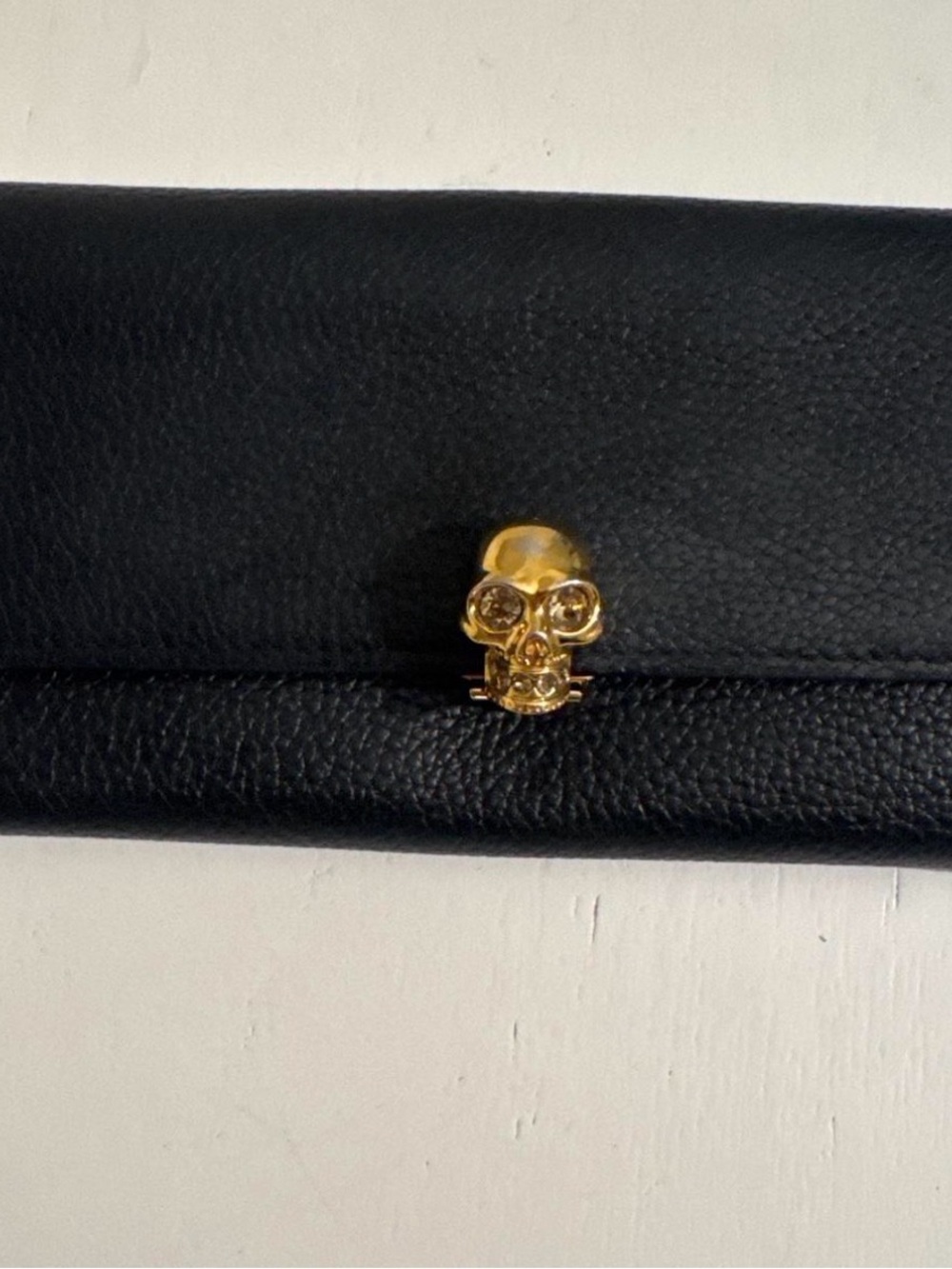 Alexander McQueen Black Leather Wallet with Gold Skull Accent